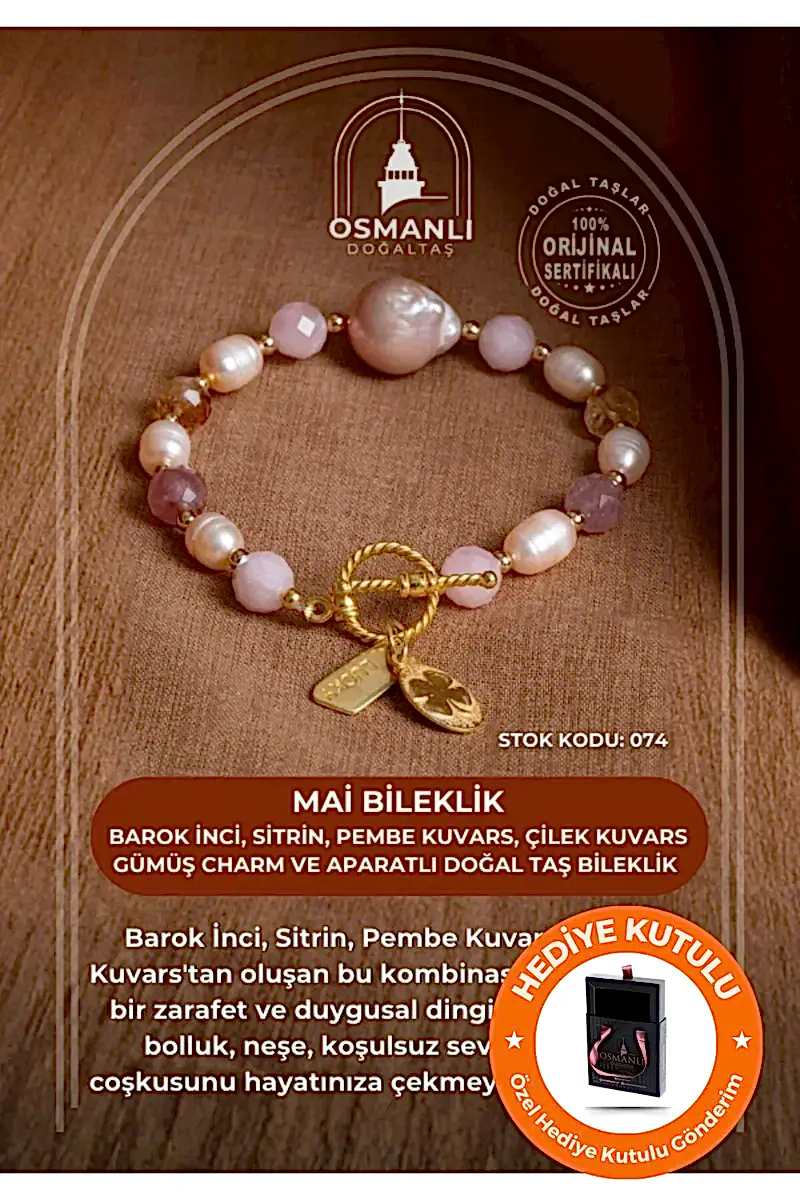 Sertifikalı Mai Bileklik-Barok İnci, Sitrin, Pembe Kuvars, Çilek Kuvars Gümüş Charm ve Aparatlı Doğal Taş Bileklik (SK:074)