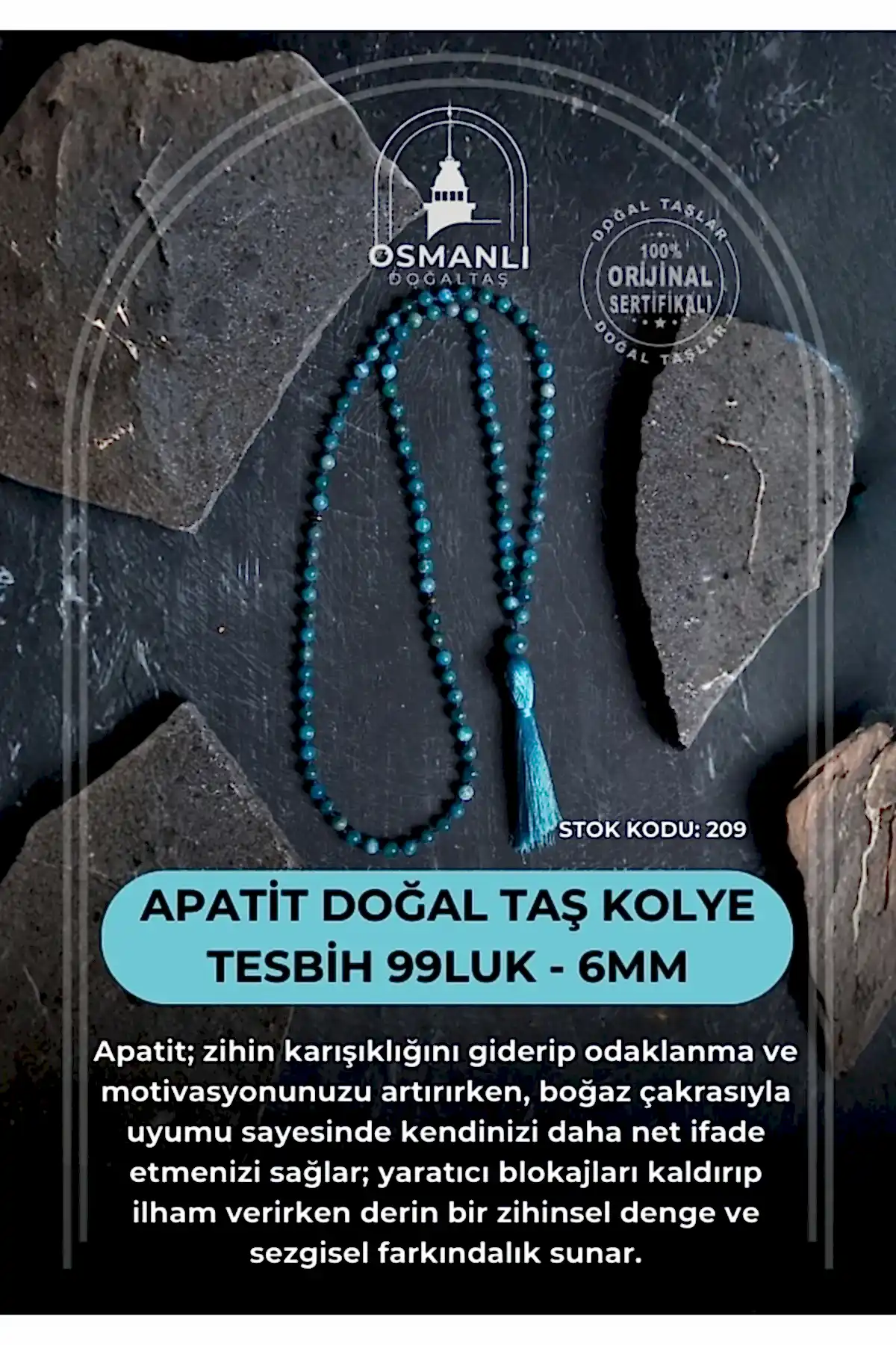 Sertifikalı Apatit Doğal Taş Kolye Tesbih 99luk - 6mm (SK:209)