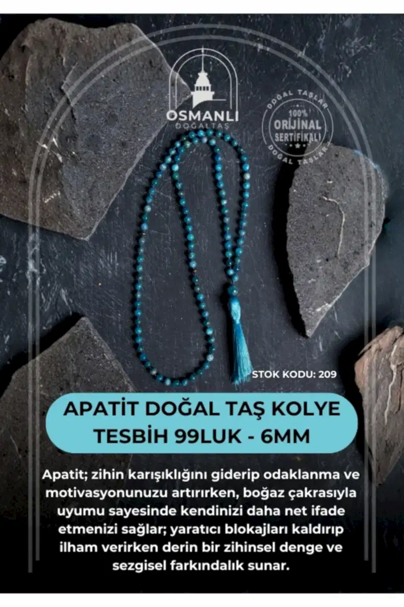 Sertifikalı Apatit Doğal Taş Kolye Tesbih 99luk - 6mm (SK:209)