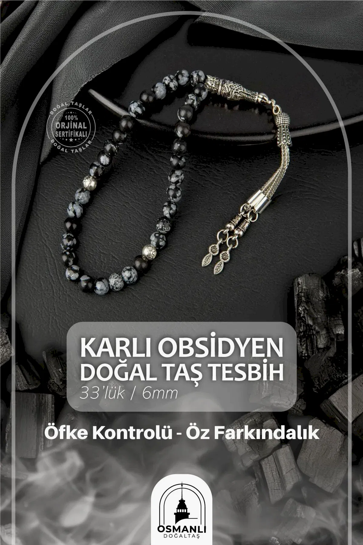 Karlı Obsidyen Doğal Taş Tesbih 33lük - 6mm