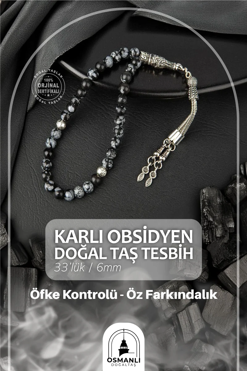 Karlı Obsidyen Doğal Taş Tesbih 33lük - 6mm