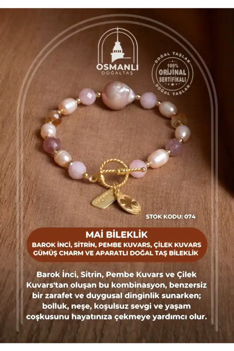 Sertifikalı Mai Bileklik-Barok İnci, Sitrin, Pembe Kuvars, Çilek Kuvars Gümüş Charm ve Aparatlı Doğal Taş Bileklik (SK:074)
