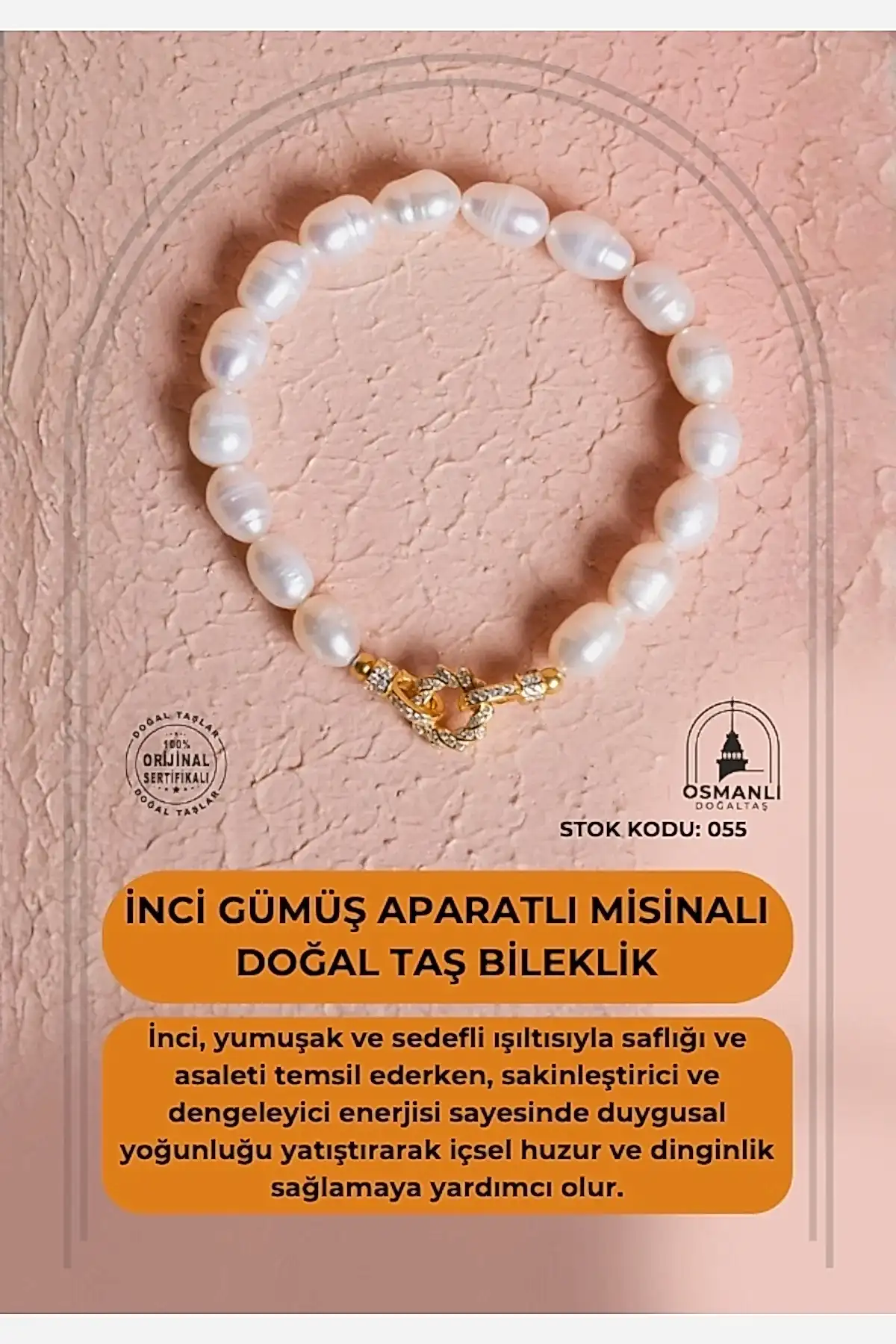 Sertifikalı İnci Misinalı Gümüş Aparatlı Doğal Taş Bileklik (SK:055)