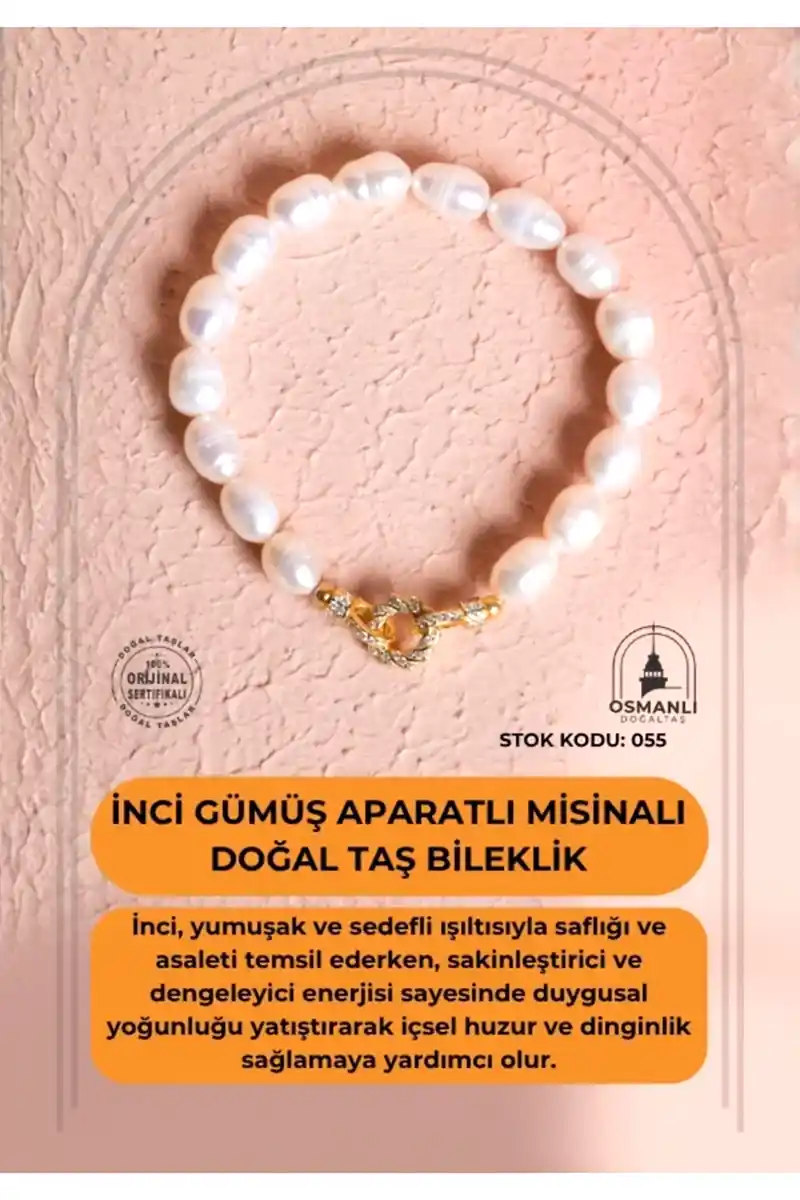 Sertifikalı İnci Misinalı Gümüş Aparatlı Doğal Taş Bileklik (SK:055)