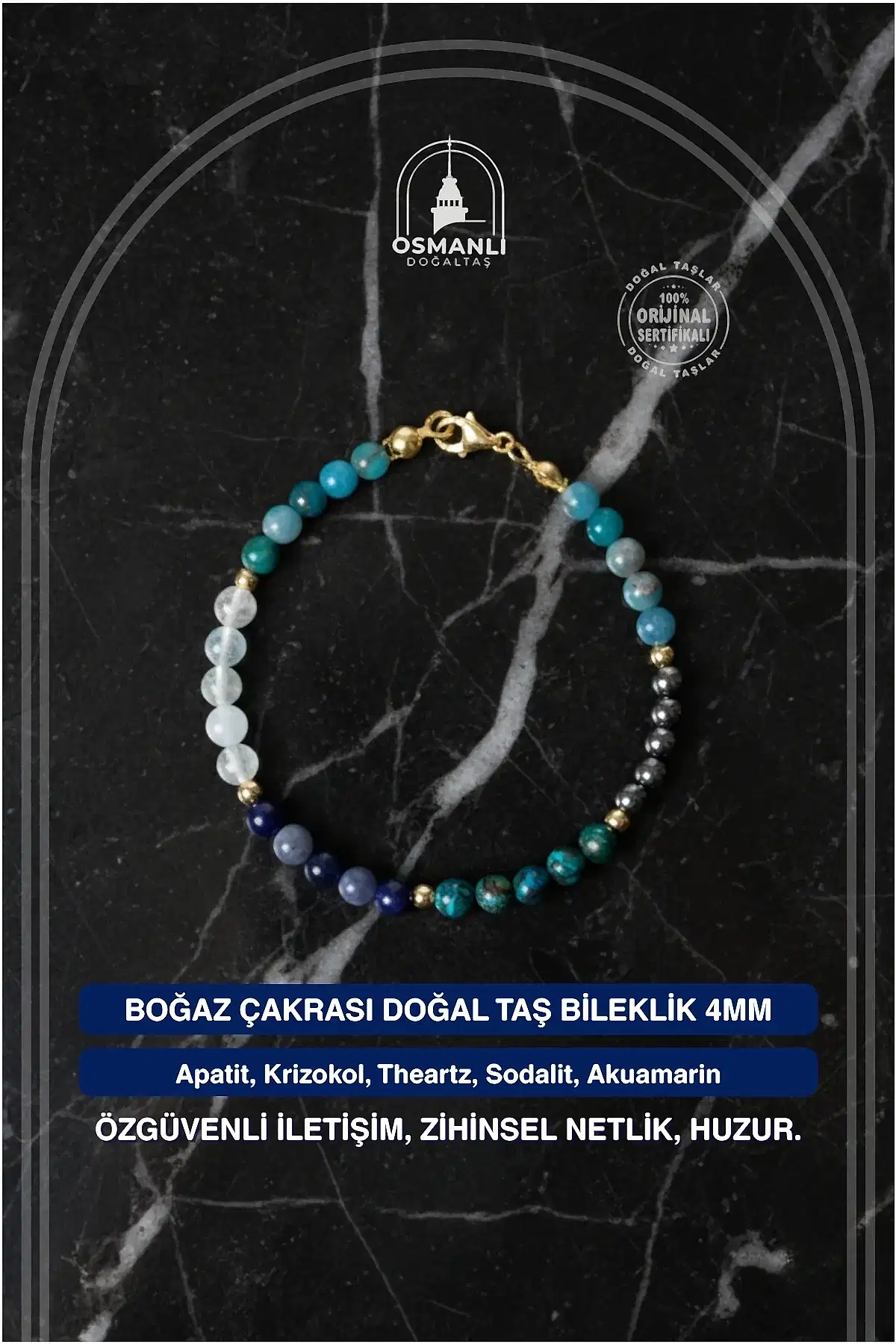 Sertifikalı Boğaz Çakrası Doğal Taş Bileklik