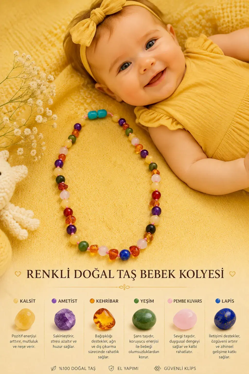 Sertifikalı Kehribar-Kalsit-Yeşim-Ametist-Pembe Kuvars-Lapis Bebek kolyesi