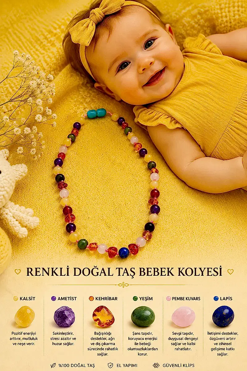 Sertifikalı Kehribar-Kalsit-Yeşim-Ametist-Pembe Kuvars-Lapis Bebek kolyesi