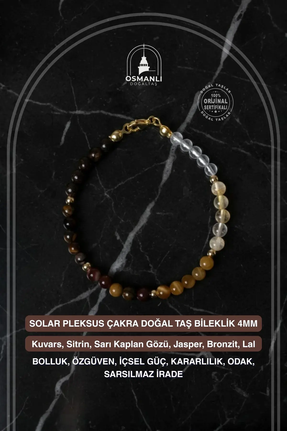 Sertifikalı Solar Pleksus Çakra Doğal Taş Gümüş Kapama Bileklik