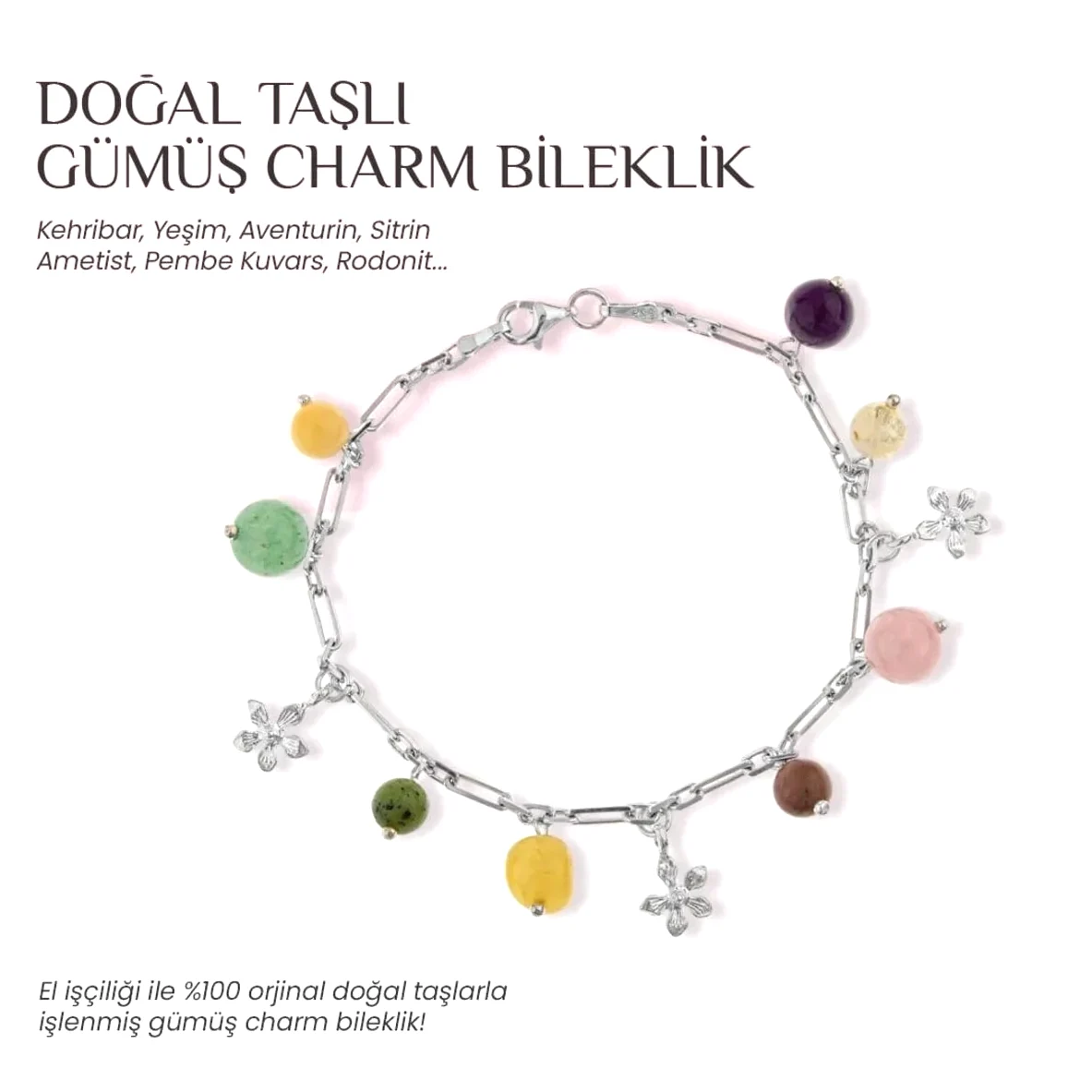 Ametist-Sitrin-Pembe Kuvars-Aventurin-Kalsit-Yeşim-Kehribar Doğal Taş Gümüş Bileklik