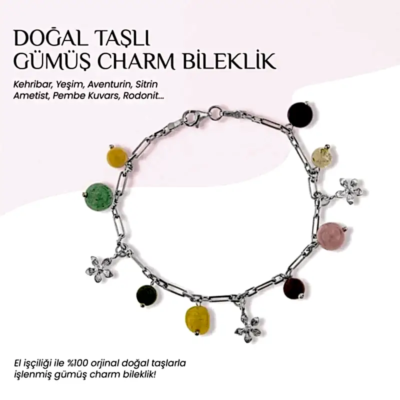 Ametist-Sitrin-Pembe Kuvars-Aventurin-Kalsit-Yeşim-Kehribar Doğal Taş Gümüş Bileklik