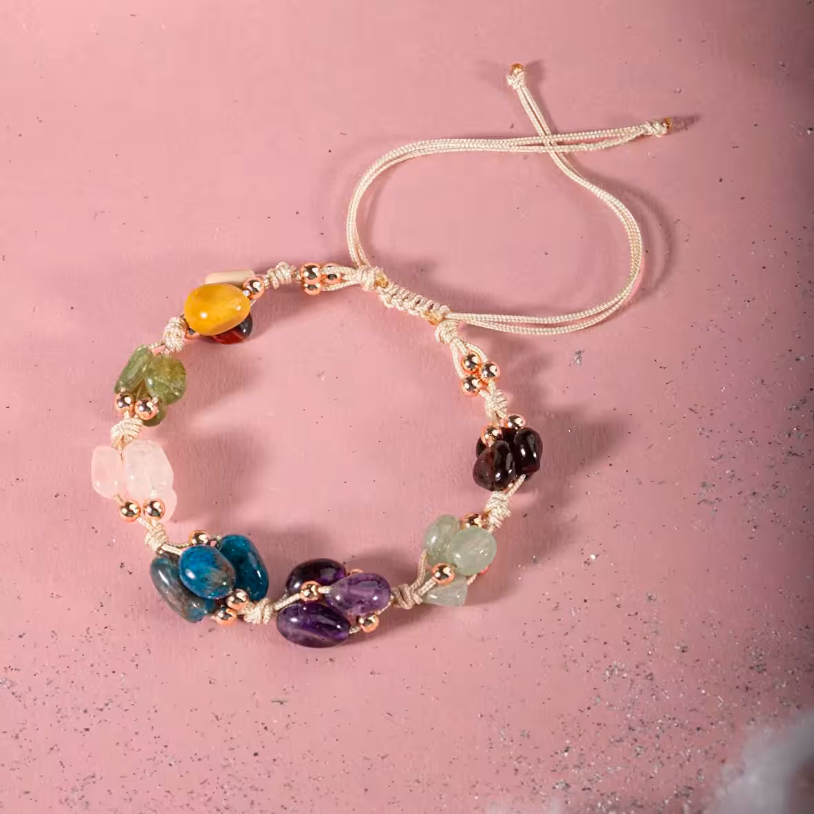 Başak Burcu Bileklik Ametist, Bordo Granat Lal, Jasper, Mavi Apatit, Pembe Kuvars, Yeşil Aventurin, Zebercet (Peridot)