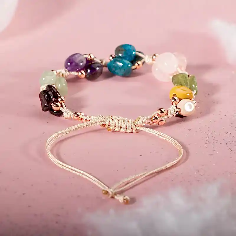 Başak Burcu Bileklik Ametist, Bordo Granat Lal, Jasper, Mavi Apatit, Pembe Kuvars, Yeşil Aventurin, Zebercet (Peridot)