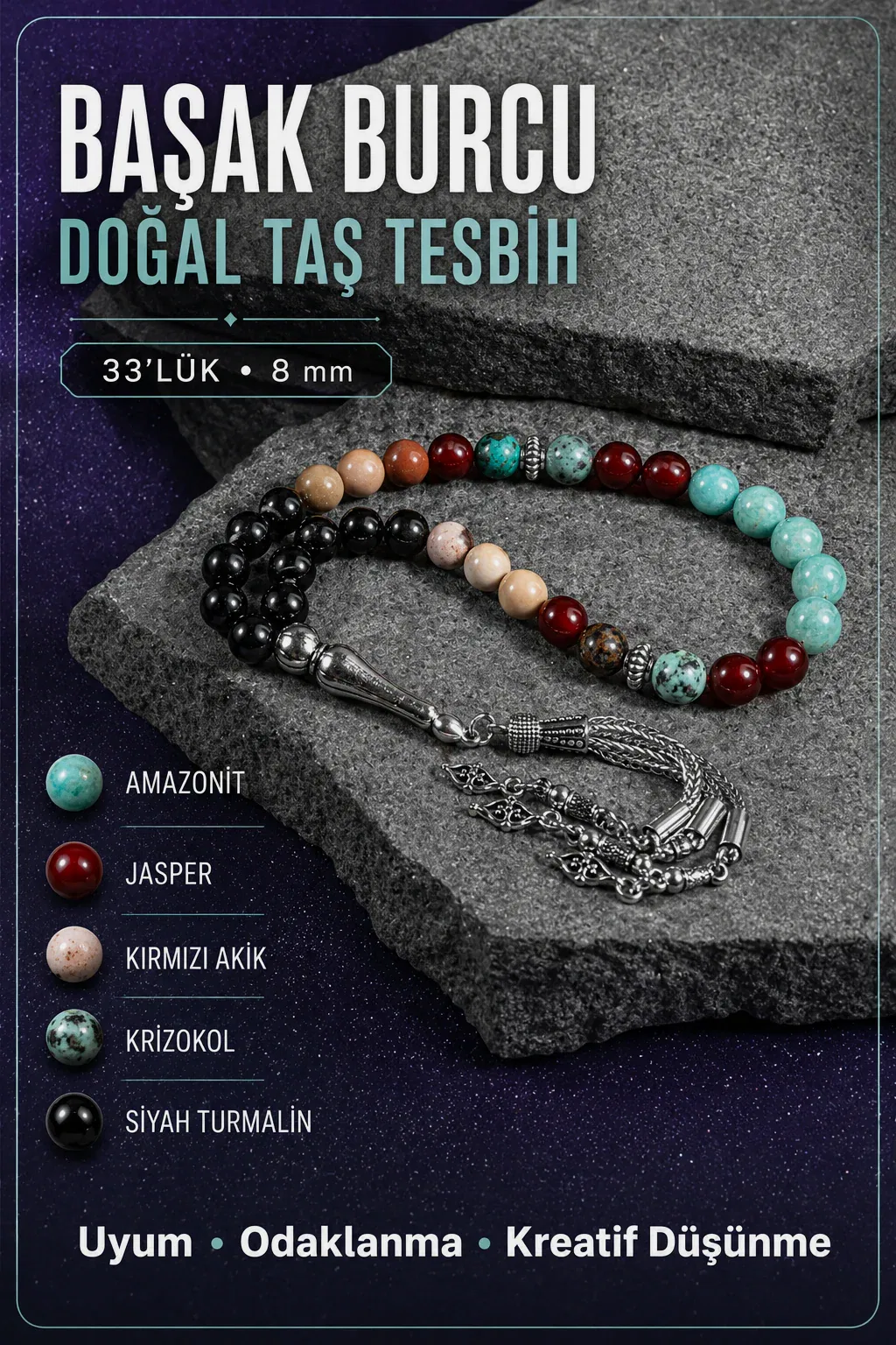 Başak Burcu Tesbih Amazonit, Jasper, Kırmızı Akik, Krizokol, Siyah Turmalin