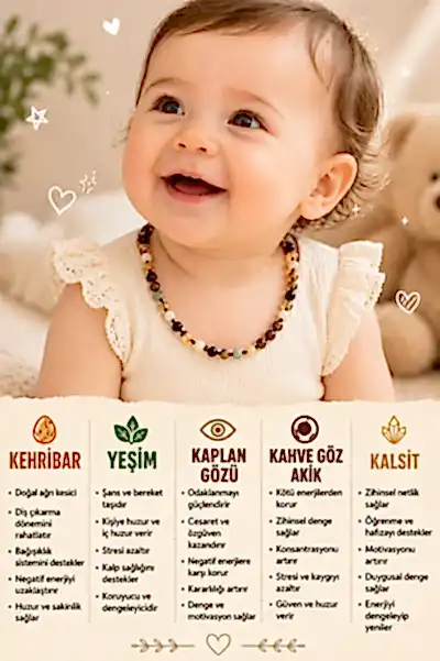 Sertifikalı Bebek Kehribar Kolye Kehribar - Yeşim - Kaplan Gözü - Kahve Göz Akik- Kalsit