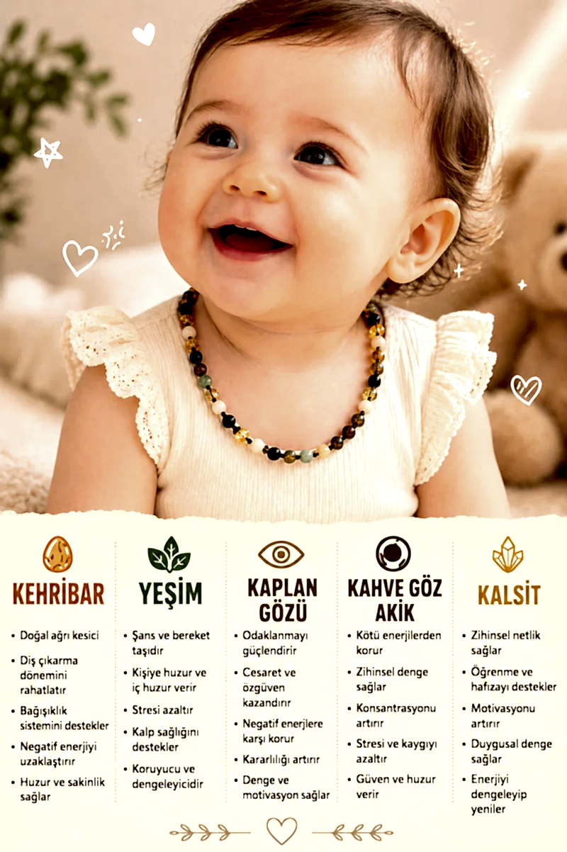 Sertifikalı Bebek Kehribar Kolye Kehribar - Yeşim - Kaplan Gözü - Kahve Göz Akik- Kalsit