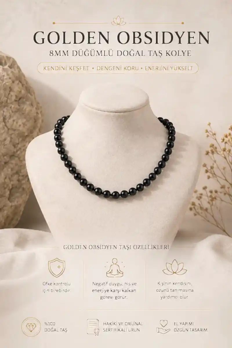 Golden Obsidyen 8 mm Düğümlü Doğal Taş Kolye
