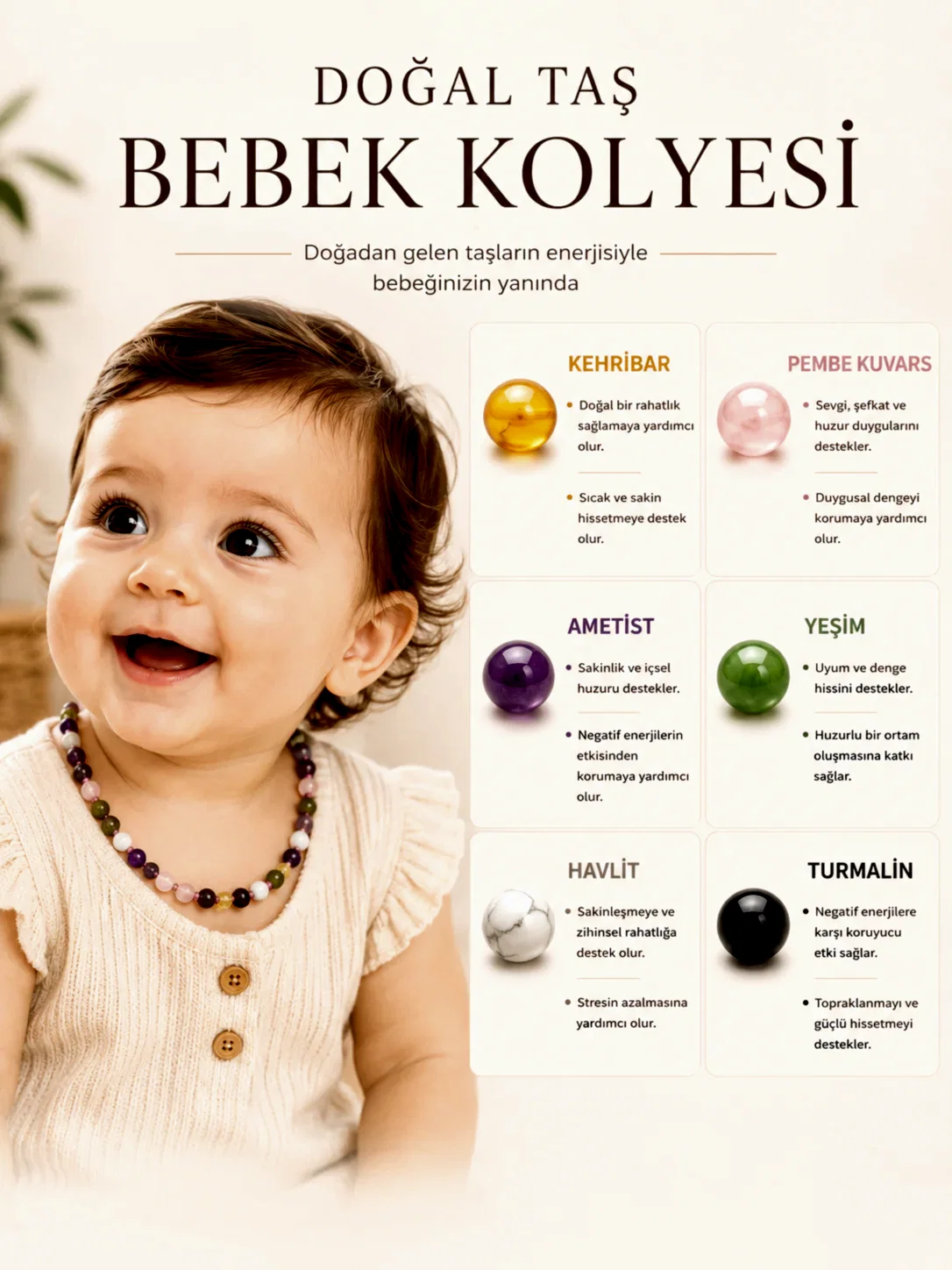 Sertifikalı Kehribar-turmalin-ametist-havlit-yeşim-pembe Kuvars-bebek Kolyesi M203
