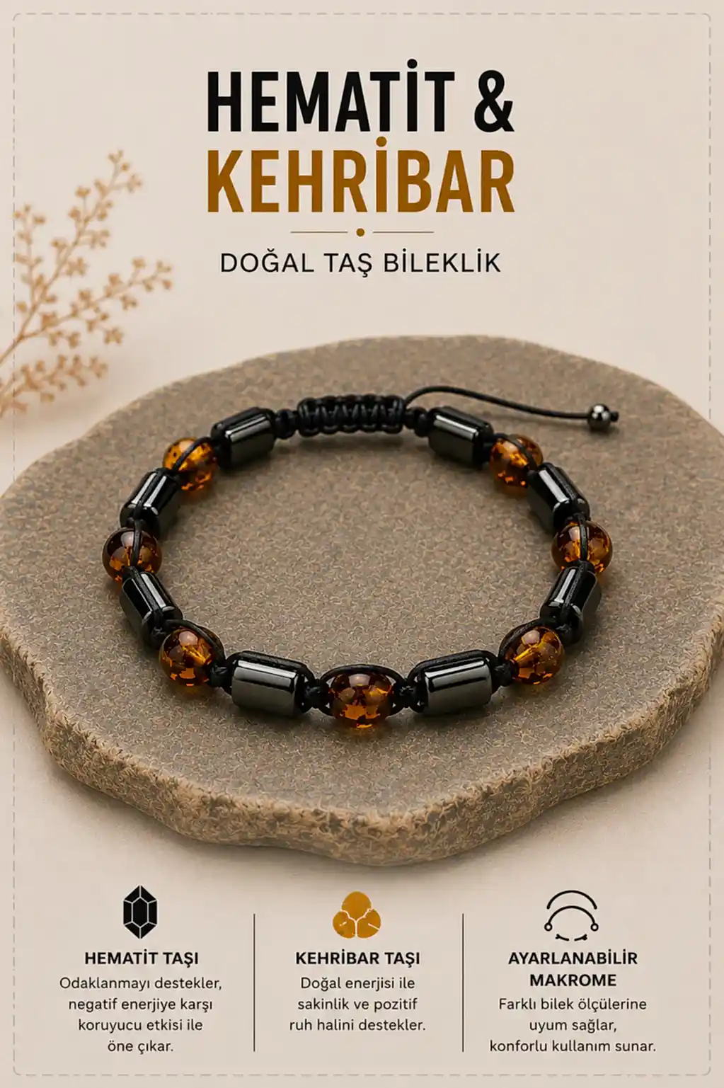 Hematit & Kehribar Doğal Taş Bileklik