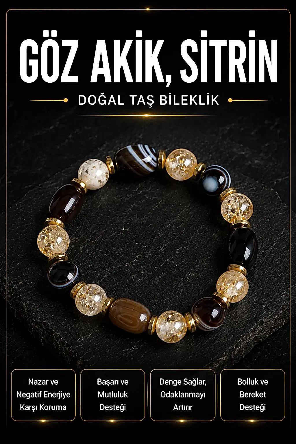 Sertifikalı Göz Akik ve Sitrin Doğal Taş Bileklik