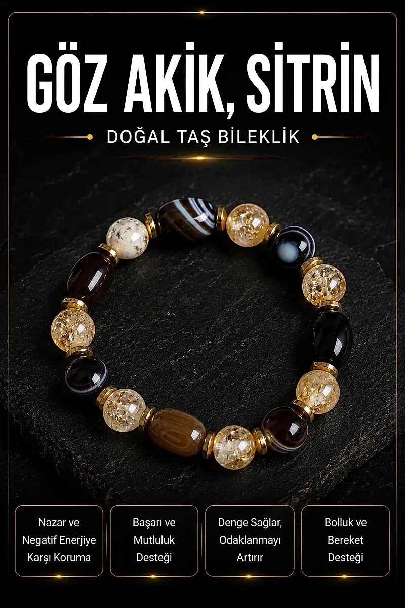 Sertifikalı Göz Akik ve Sitrin Doğal Taş Bileklik