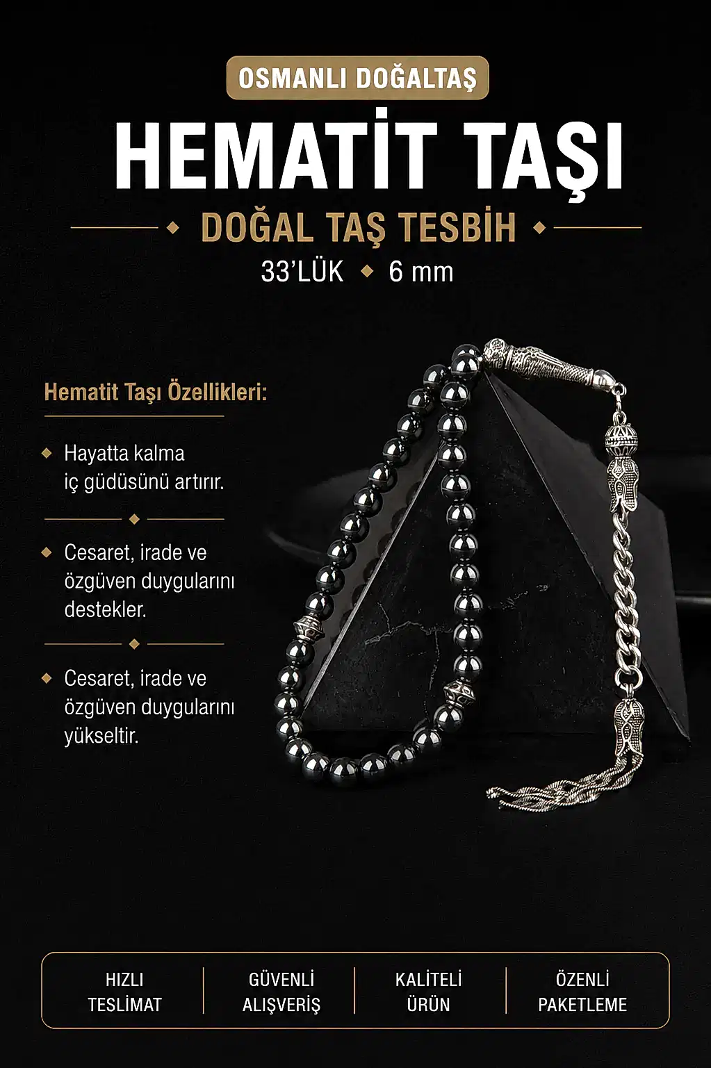 Hematit Doğal Taş Tesbih 33lük - 6mm