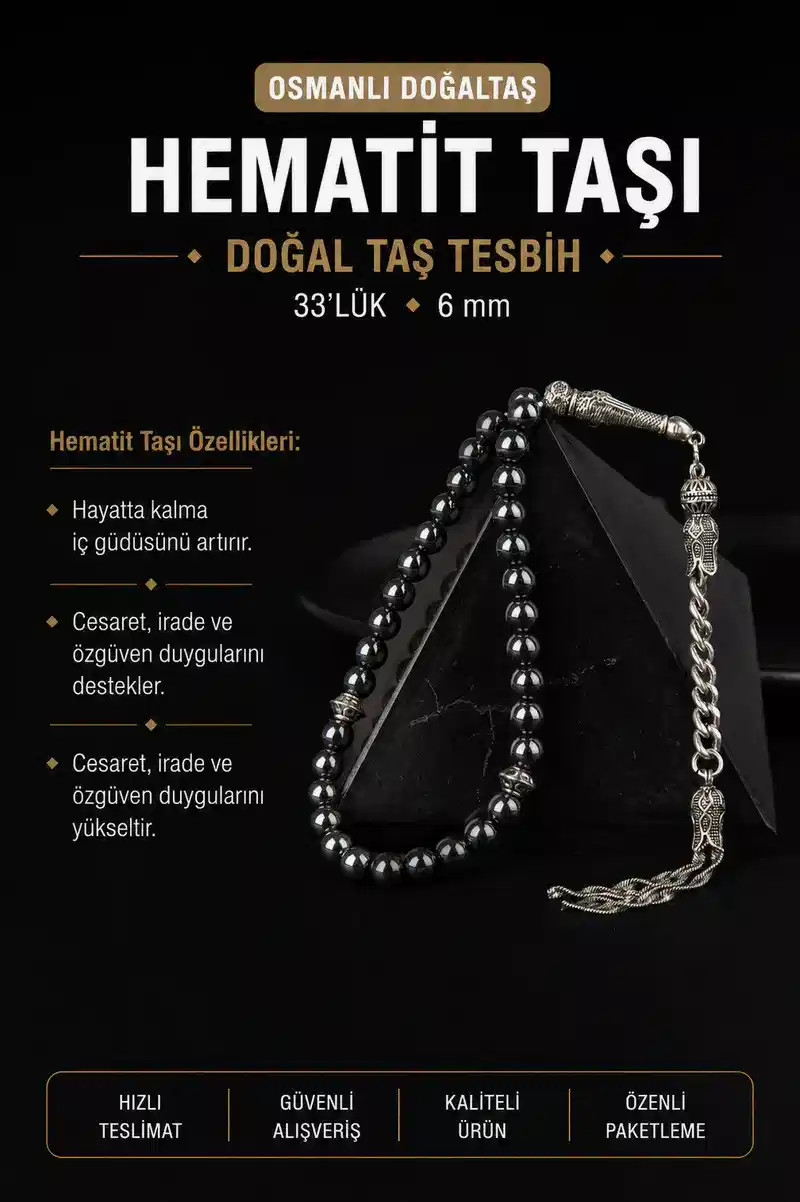 Hematit Doğal Taş Tesbih 33lük - 6mm