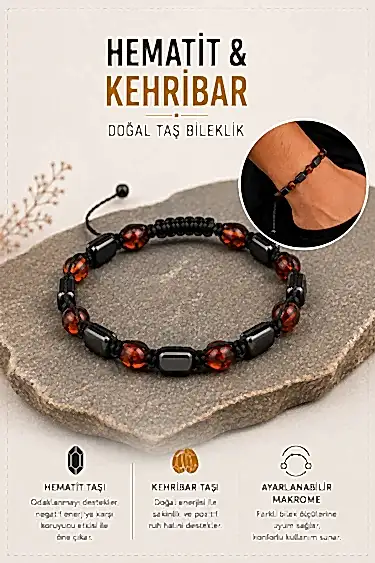 Hematit & Kehribar Doğal Taş Bileklik 2