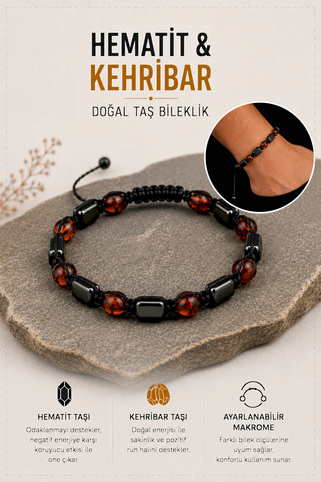 Hematit & Kehribar Doğal Taş Bileklik 2