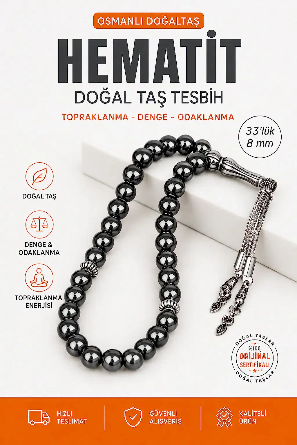 Hematit Doğal Taş Tesbih 33lük - 8mm