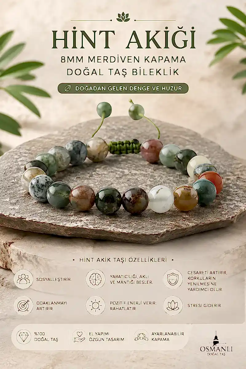 Hint Akiği 8mm Merdiven Kapama Doğal Taş Bileklik