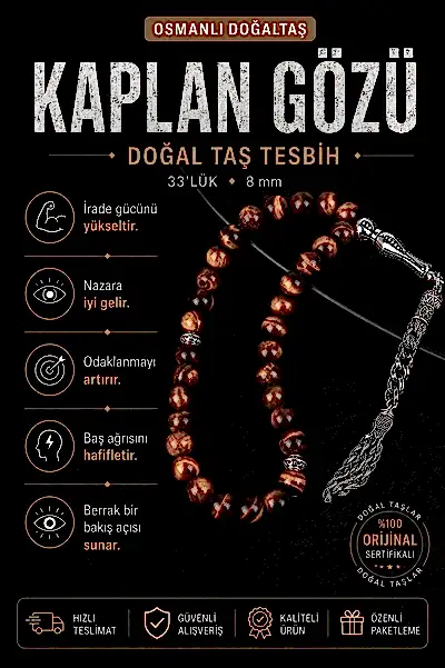 Kaplan Gözü Doğal Taş Tesbih 33lük - 8mm