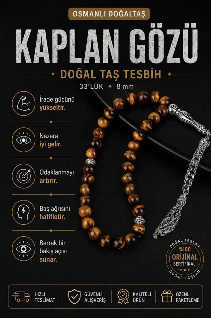 Kaplan Gözü Doğal Taş Tesbih 33lük - 8mm