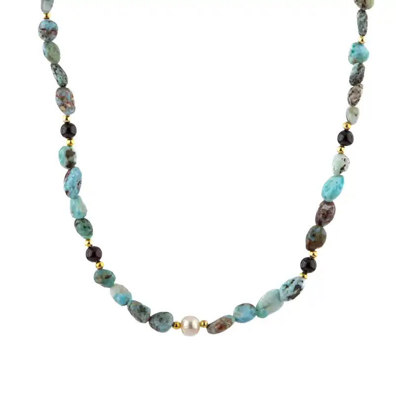 Larimar-Lal-Hematit-İnci-Ay Taşı Altın Kaplama Doğal Taş Kolye