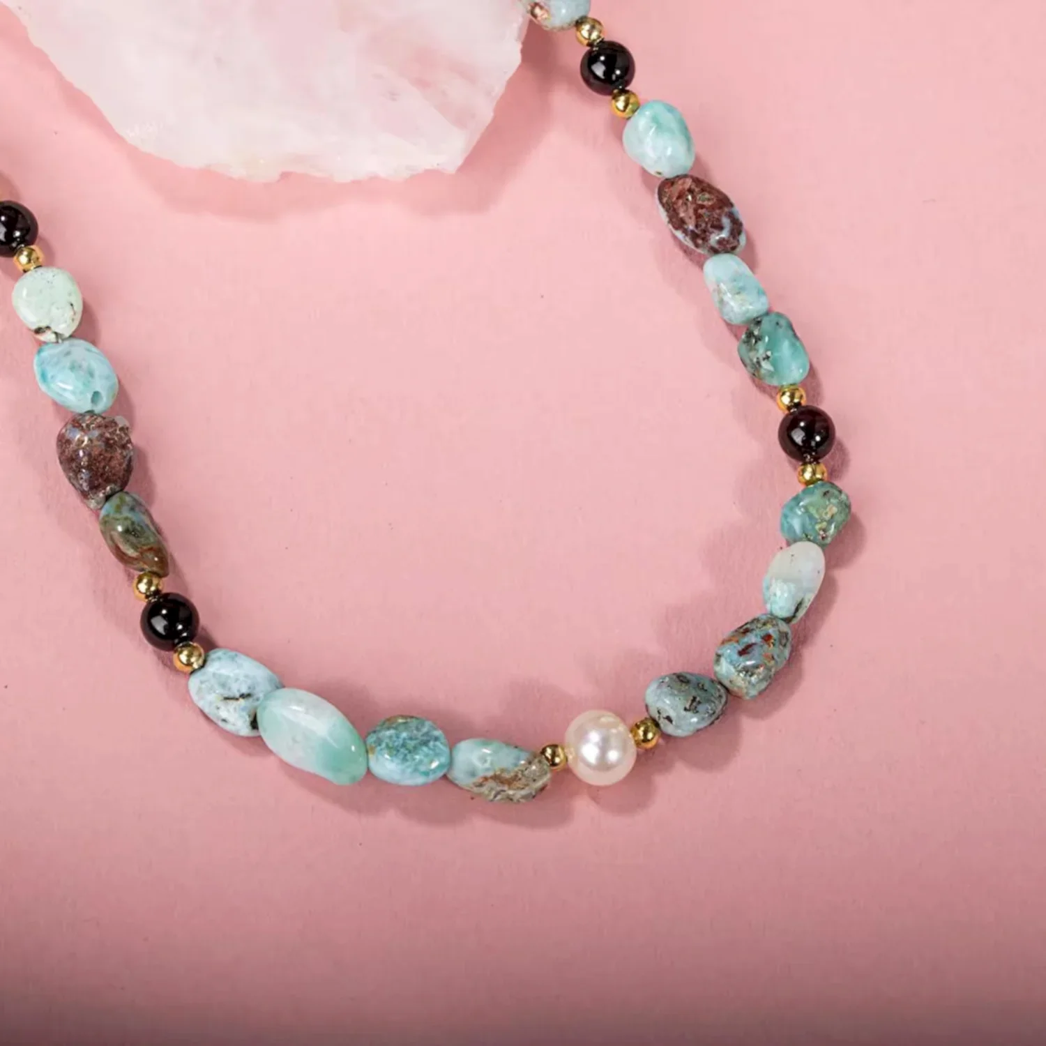 Larimar-Lal-Hematit-İnci-Ay Taşı Altın Kaplama Doğal Taş Kolye