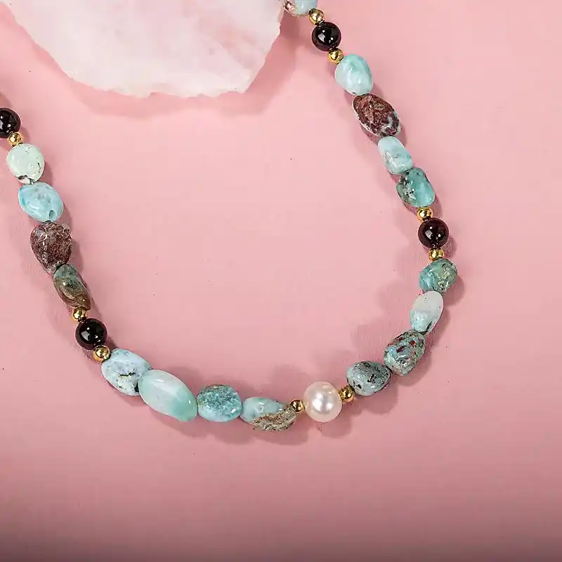Larimar-Lal-Hematit-İnci-Ay Taşı Altın Kaplama Doğal Taş Kolye