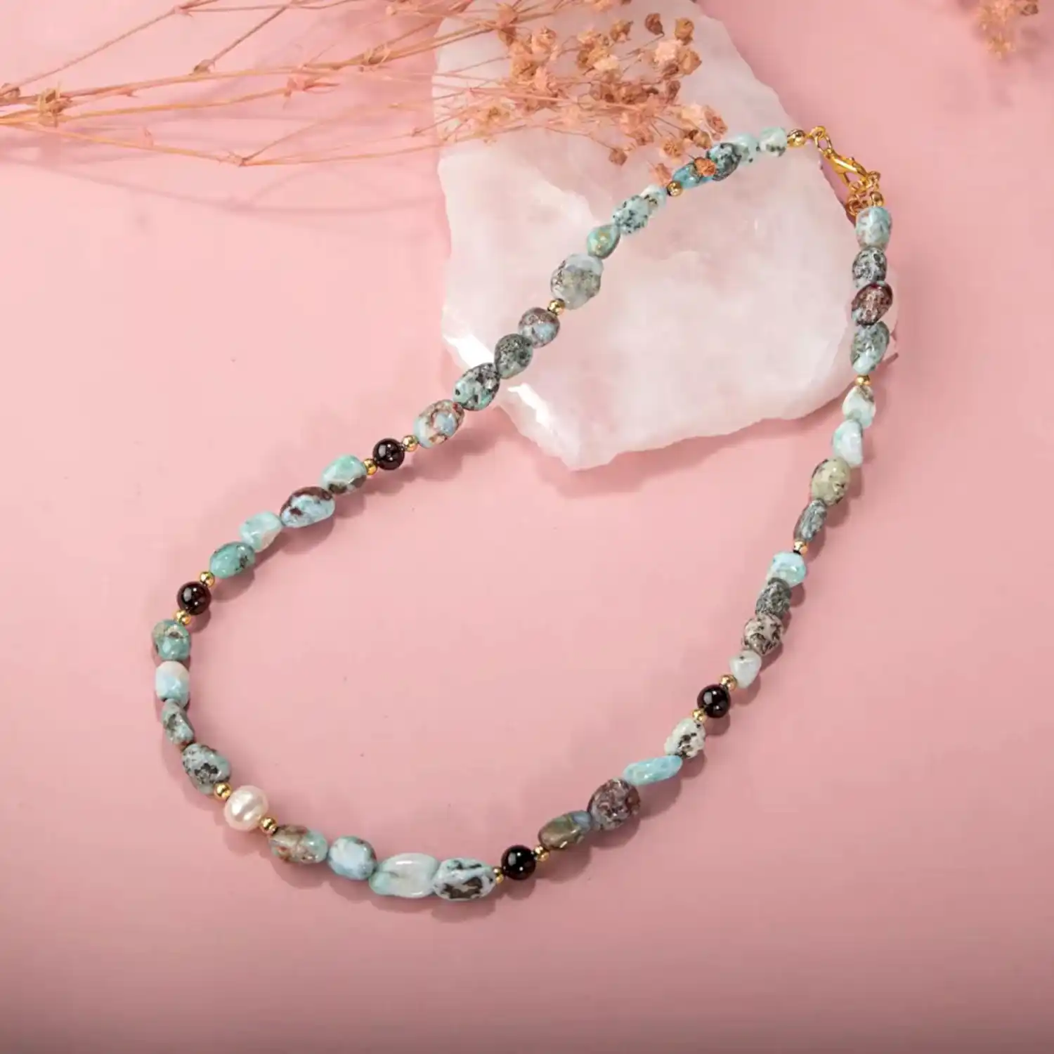 Larimar-Lal-Hematit-İnci-Ay Taşı Altın Kaplama Doğal Taş Kolye