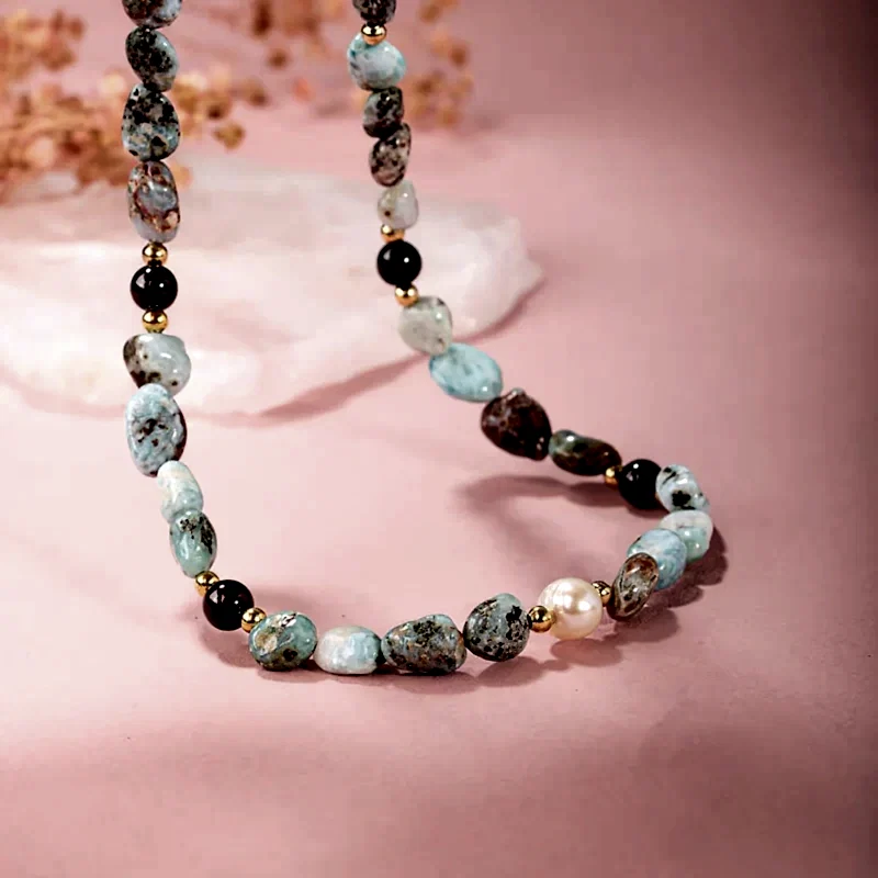 Larimar-Lal-Hematit-İnci-Ay Taşı Altın Kaplama Doğal Taş Kolye
