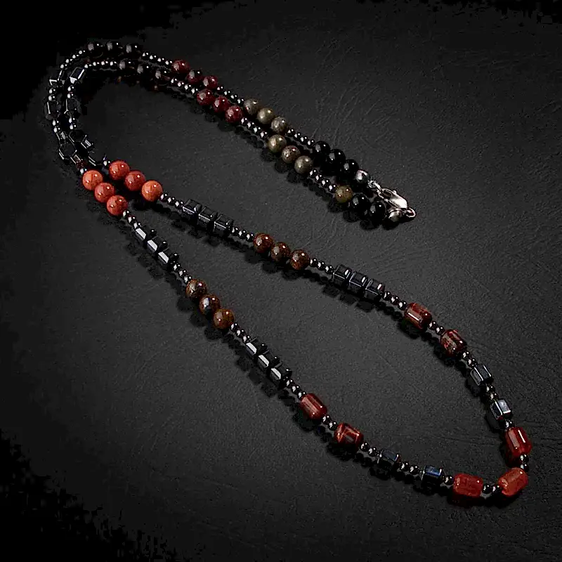 Obsidyen-Pirit-Dumanlı Kuvars-Jasper-Bronzit-Kaplan Gözü-Kırmızı Akik-Lal Taşı-Hematit Doğal Taş Erkek Tasarım Kolye