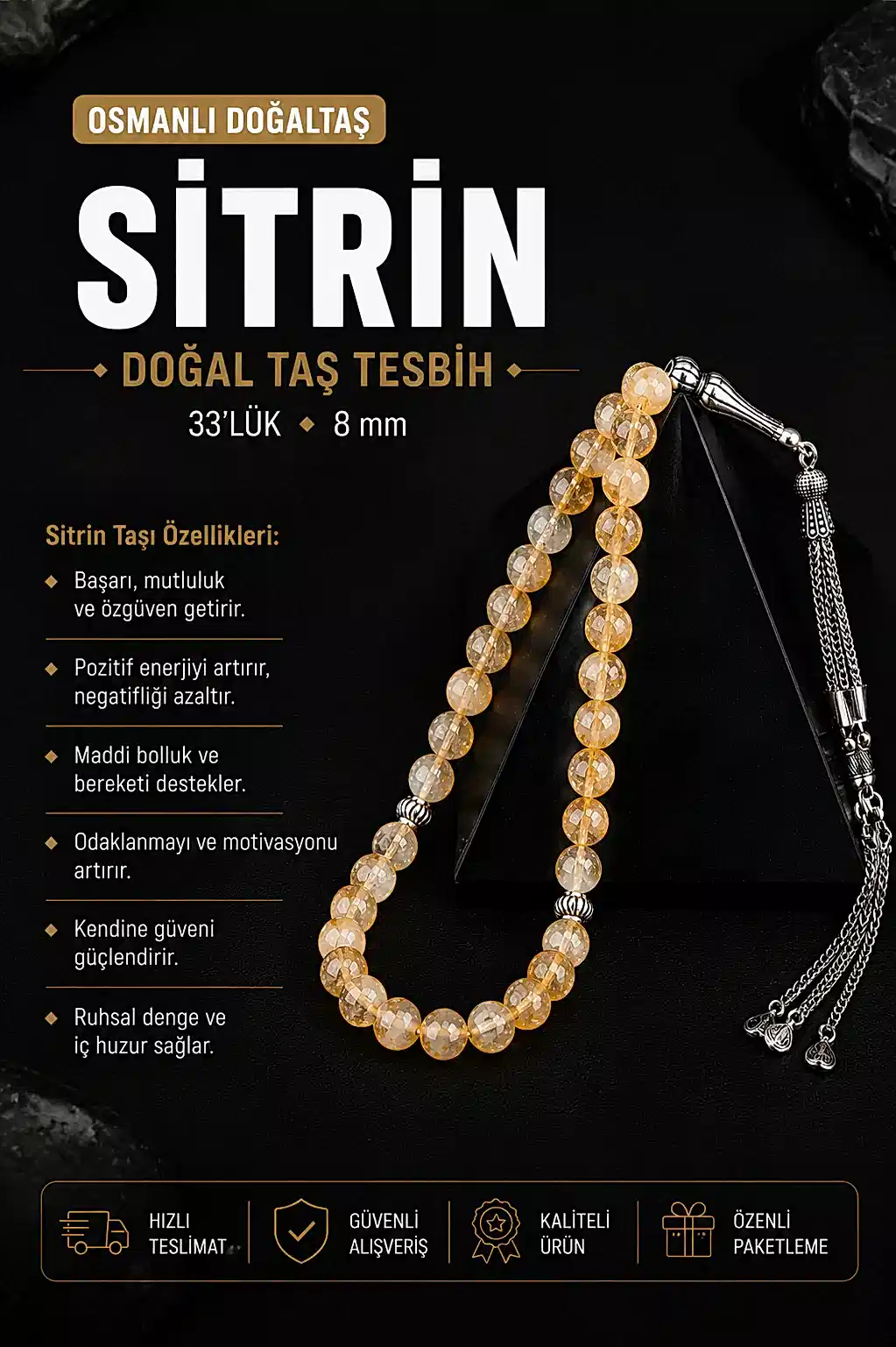 Sitrin Doğal Taş Tesbih 33lük - 8mm