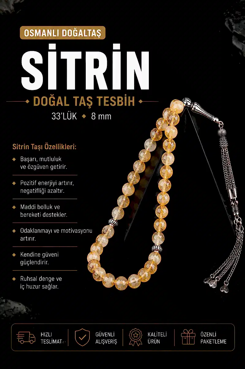 Sitrin Doğal Taş Tesbih 33lük - 8mm