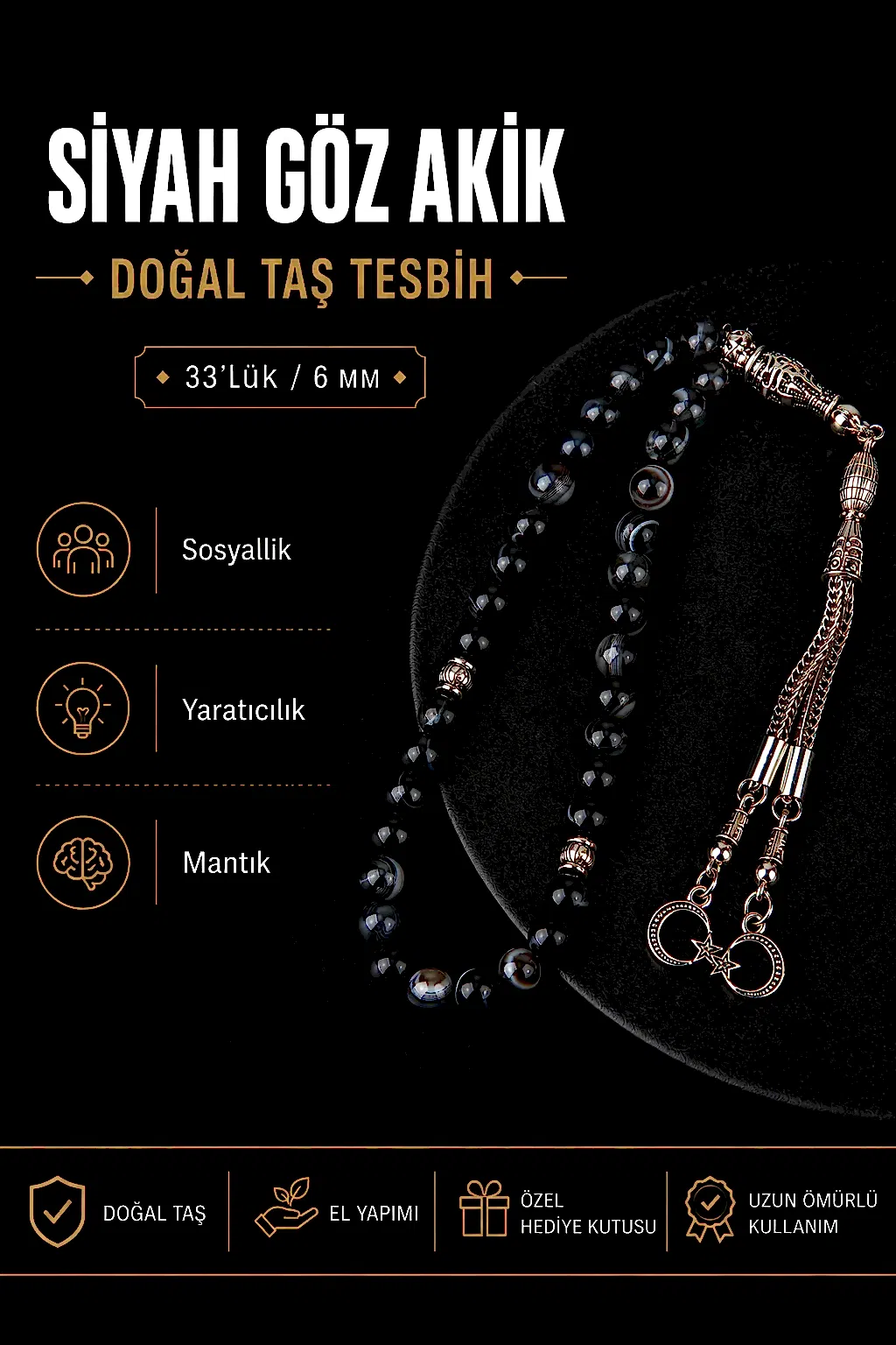 Siyah Göz Akik Doğal Taş Tesbih 33lük - 6mm