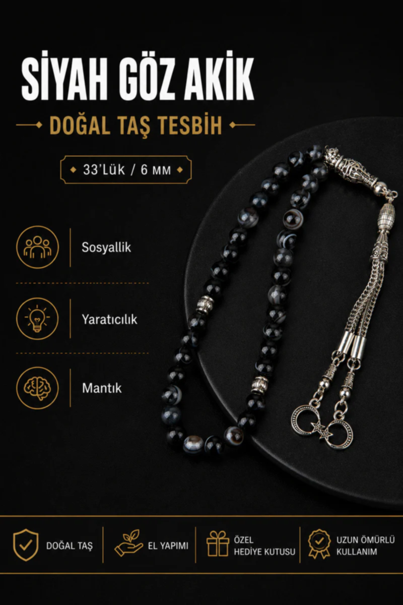 Siyah Göz Akik Doğal Taş Tesbih 33lük - 6mm