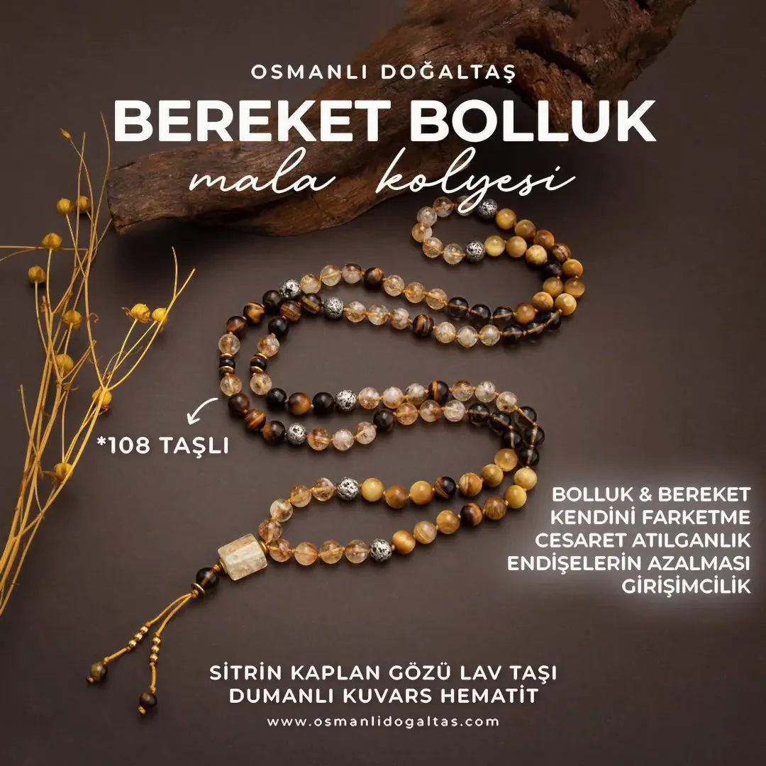 Kaplan Gözü-Sitrin-Lav Taşı Doğal Taş 108 Niyet Taşı Mala Kolyesi