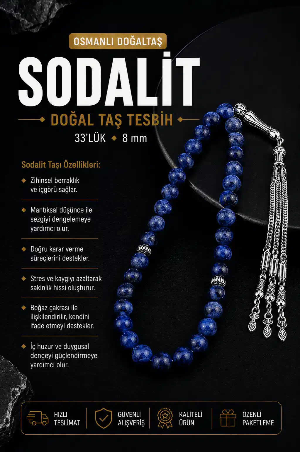 Sodalit Doğal Taş Tesbih 33lük - 8mm